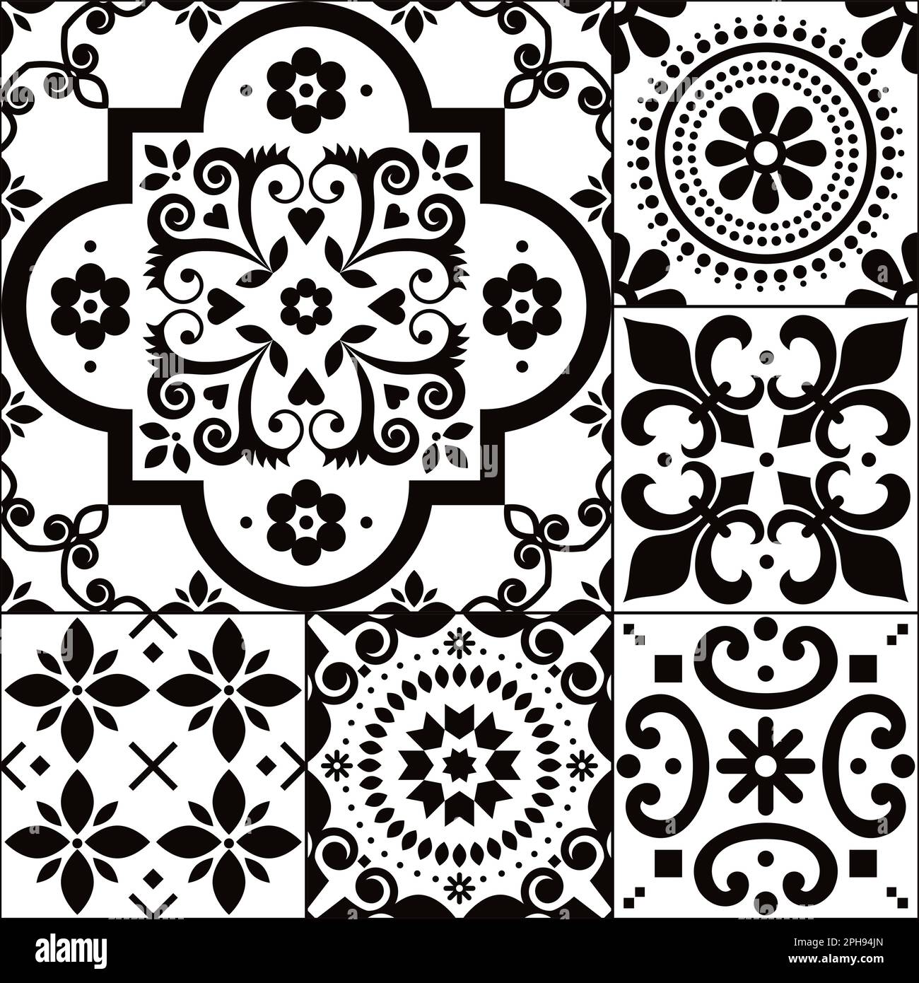 Ensemble de carreaux azulejo à motif vectoriel sans couture - petite et grande taille de carreaux, collection de design traditionnel inspirée par les ornements portugais et espagnols dans la Bla Illustration de Vecteur