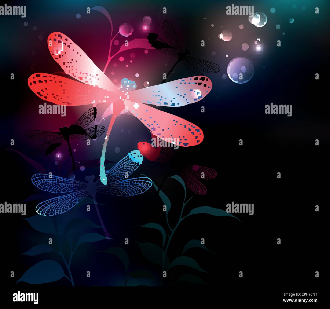 Libellule rouge éclatant, volant, avec ailes transparentes et détaillées sur fond sombre, nocturne, lumineux avec plantes tropicales et lucioles. Red drago Illustration de Vecteur