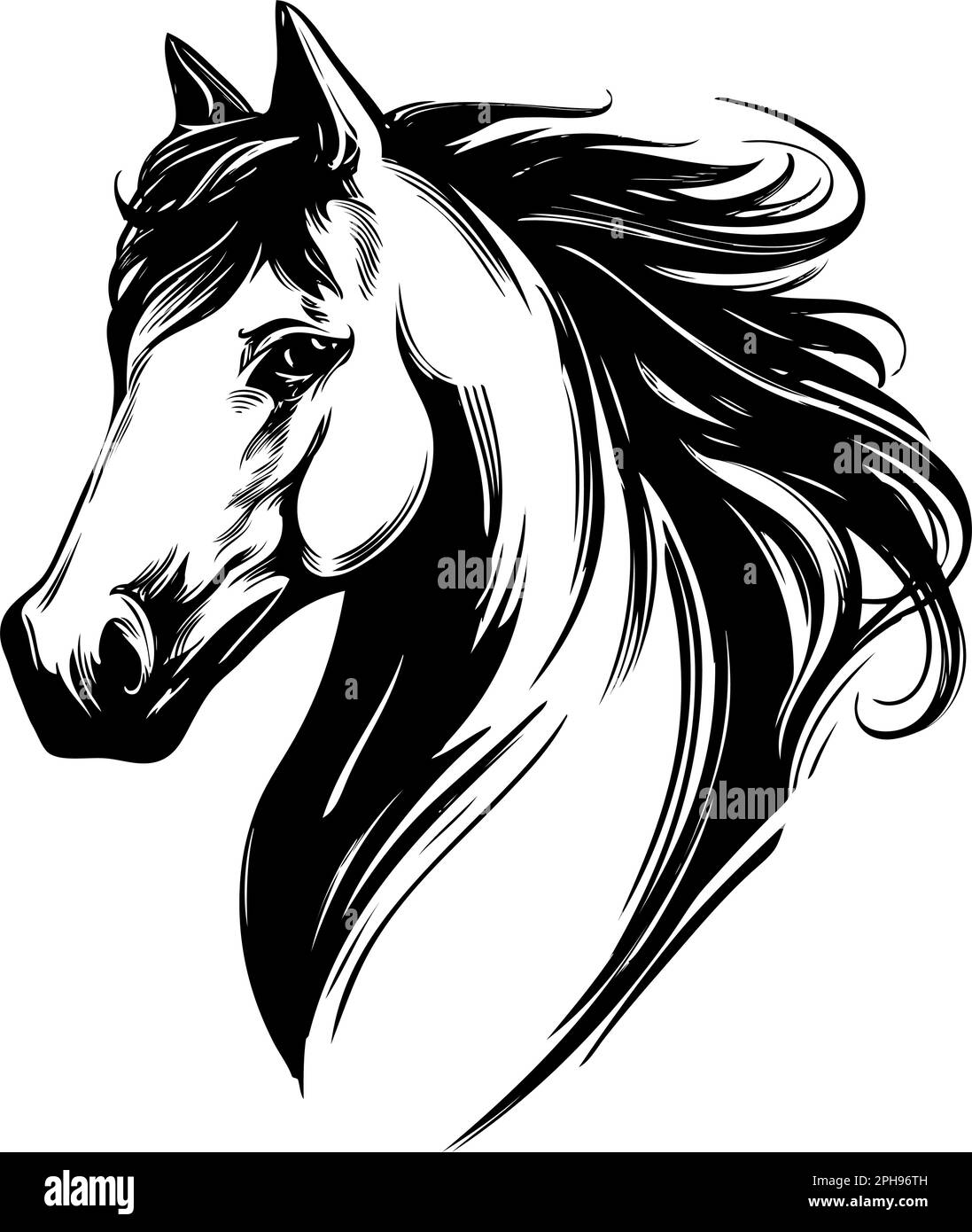 cheval, logo de la tête de cheval, dessin vectoriel à la main croquis réaliste. Illustration de Vecteur