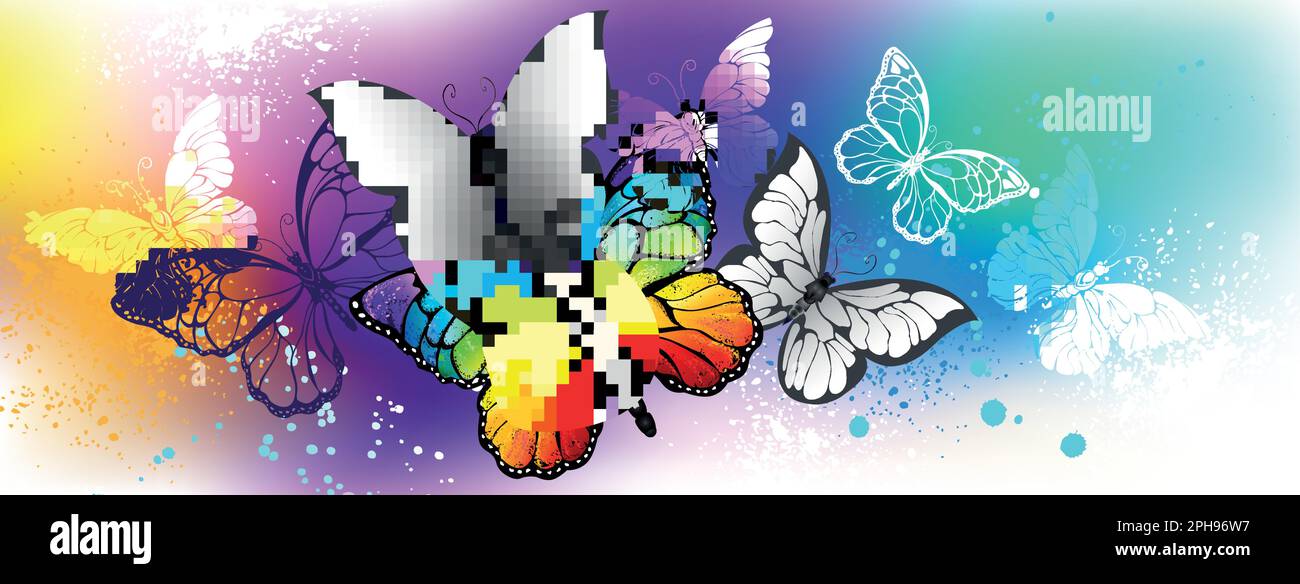 Titre du profil avec papillon arc-en-ciel et gris, artistiquement dessinés, papillons réalistes sur fond irisé arc-en-ciel. Papillon arc-en-ciel. Illustration de Vecteur