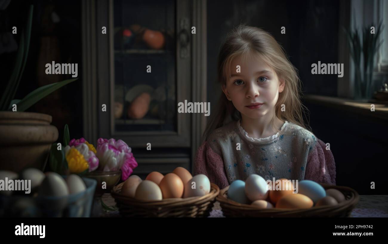 Cette image charmante capture l'excitation et la merveille de Pâques alors qu'une petite fille s'assoit à une table entourée de paniers d'œufs de Pâques vibrants. Banque D'Images