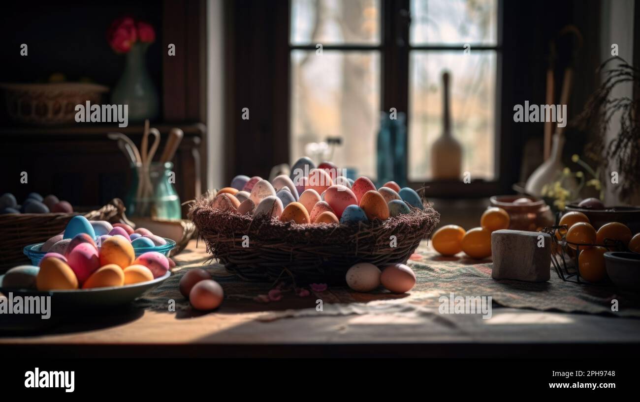 Table de Pâques élégamment décorée dans une ambiance chaleureuse et chaleureuse de cuisine rustique. Banque D'Images