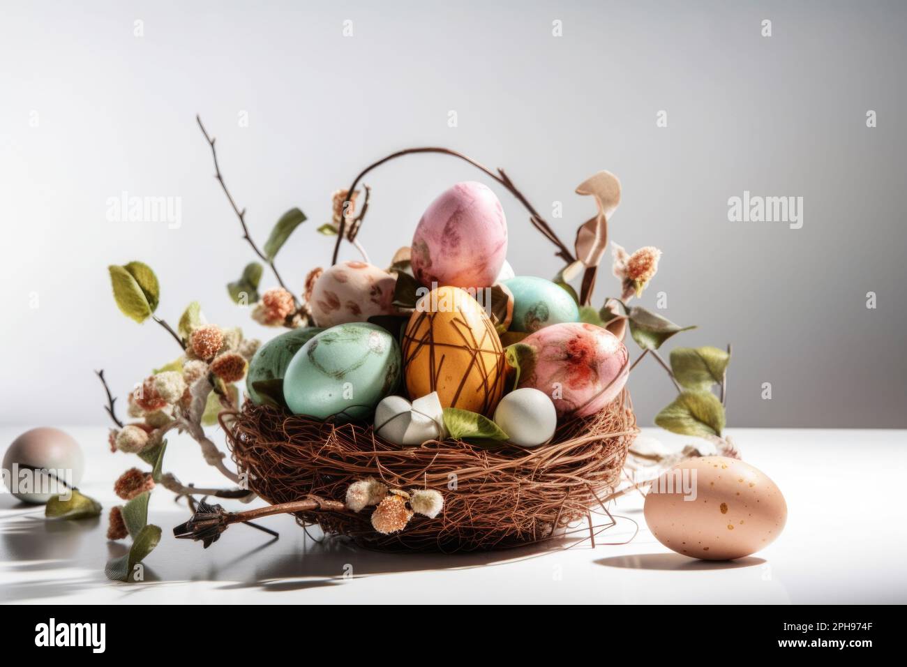 Apportez une touche de couleur et de style à vos décorations de Pâques avec un panier chic rempli d'œufs colorés. Banque D'Images