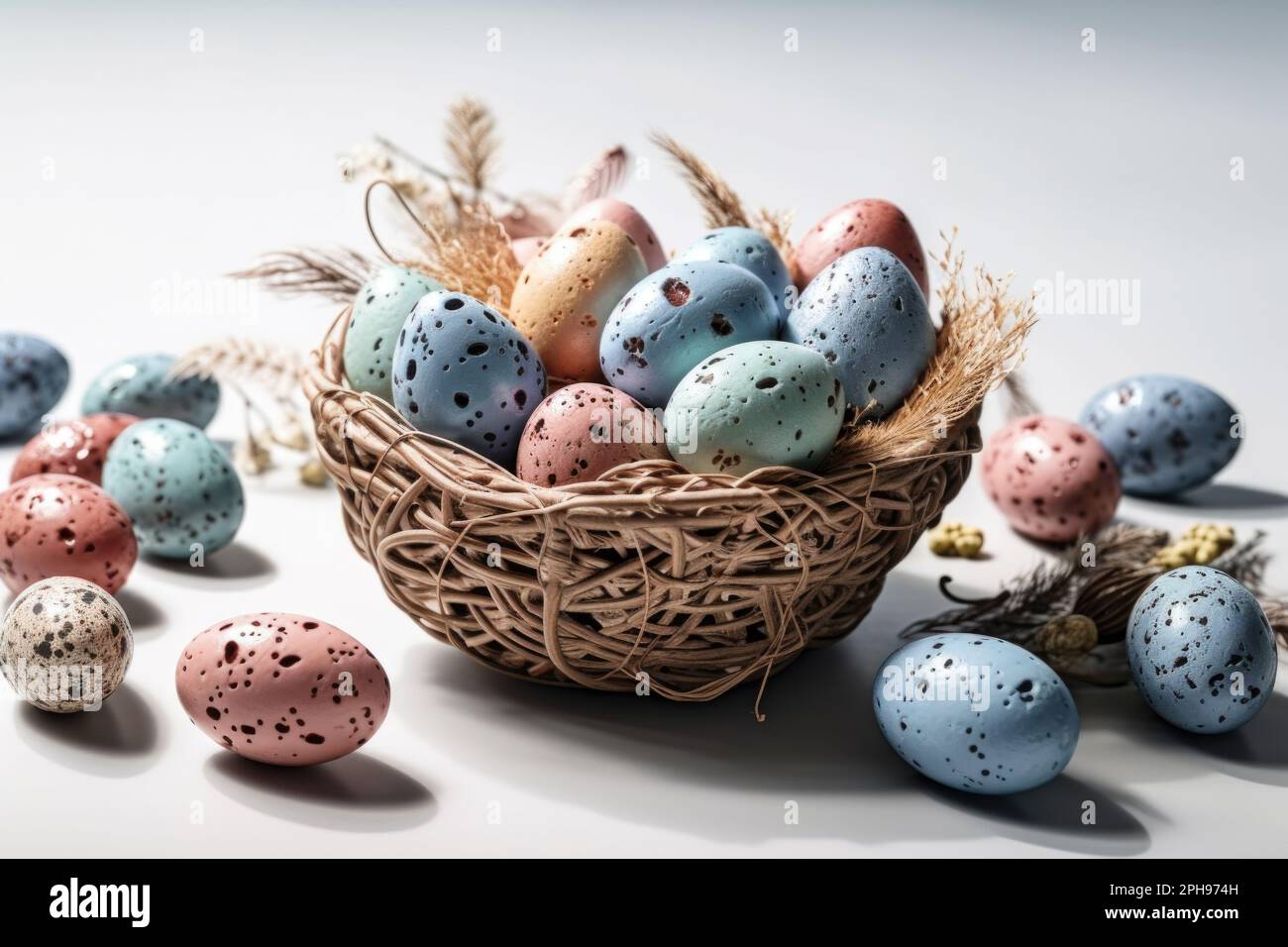 Rehaussez votre décor de Pâques avec un panier élégant rempli d'œufs colorés. Banque D'Images