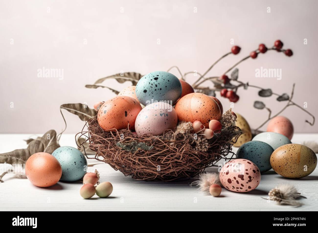 Un élégant étalage de Pâques avec un panier débordant d'œufs de Pâques colorés. Banque D'Images