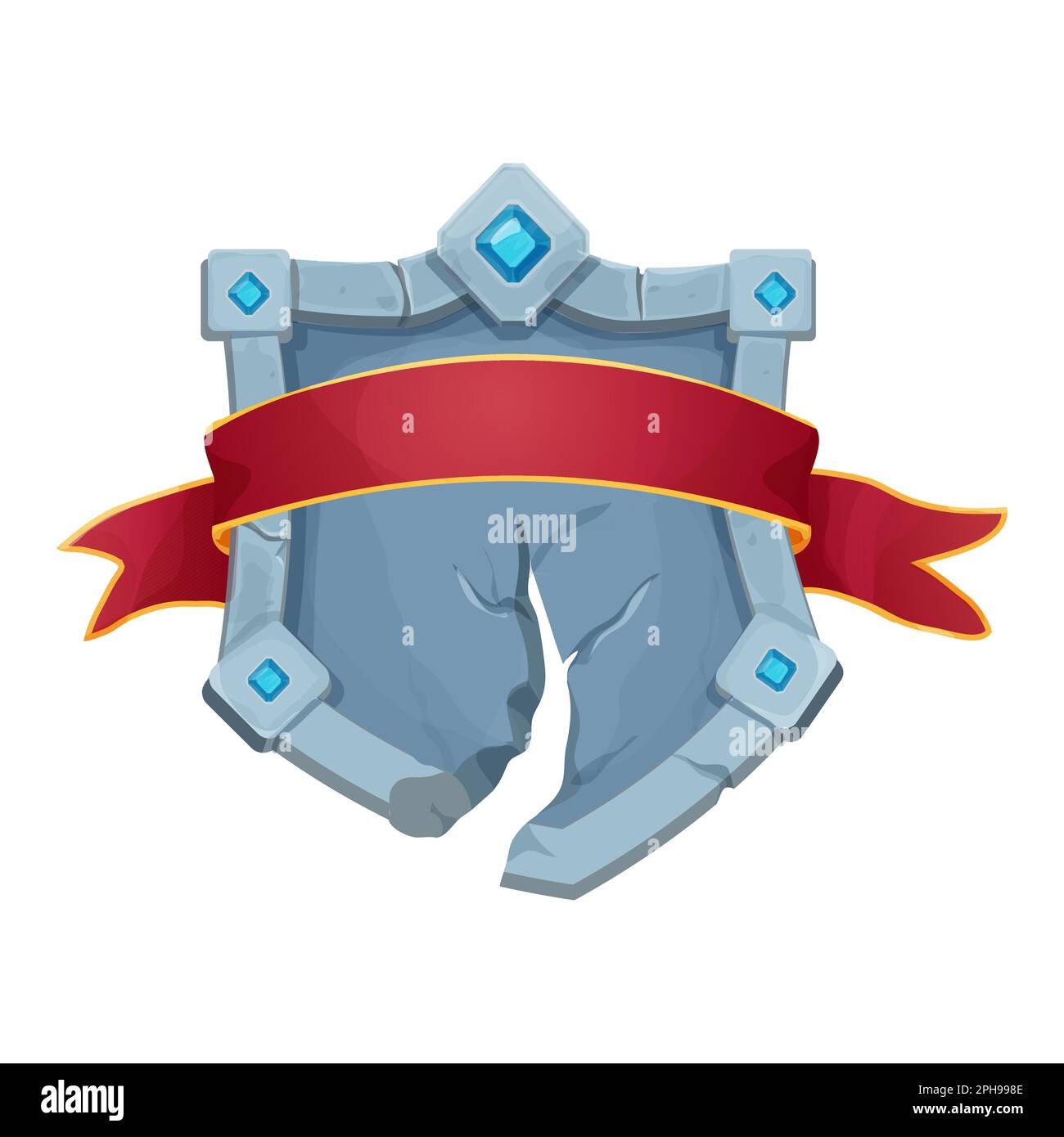 Battez Shield cadre en pierre avec bordure cassée et pierres gemmes, ruban rouge vide panneau de menu médiéval dans le style de dessin animé isolé sur fond blanc. Illustration vectorielle Illustration de Vecteur