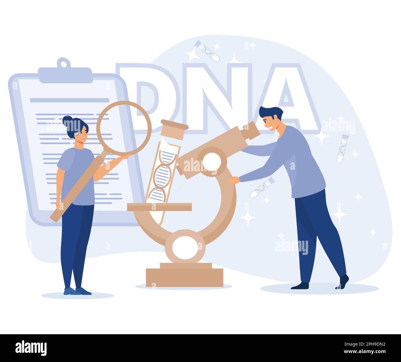 Concept de la science de l'ADN génétique. Signe de l'hélice du gros gène. Équipement de laboratoire. Illustration moderne à vecteur plat. Illustration de Vecteur