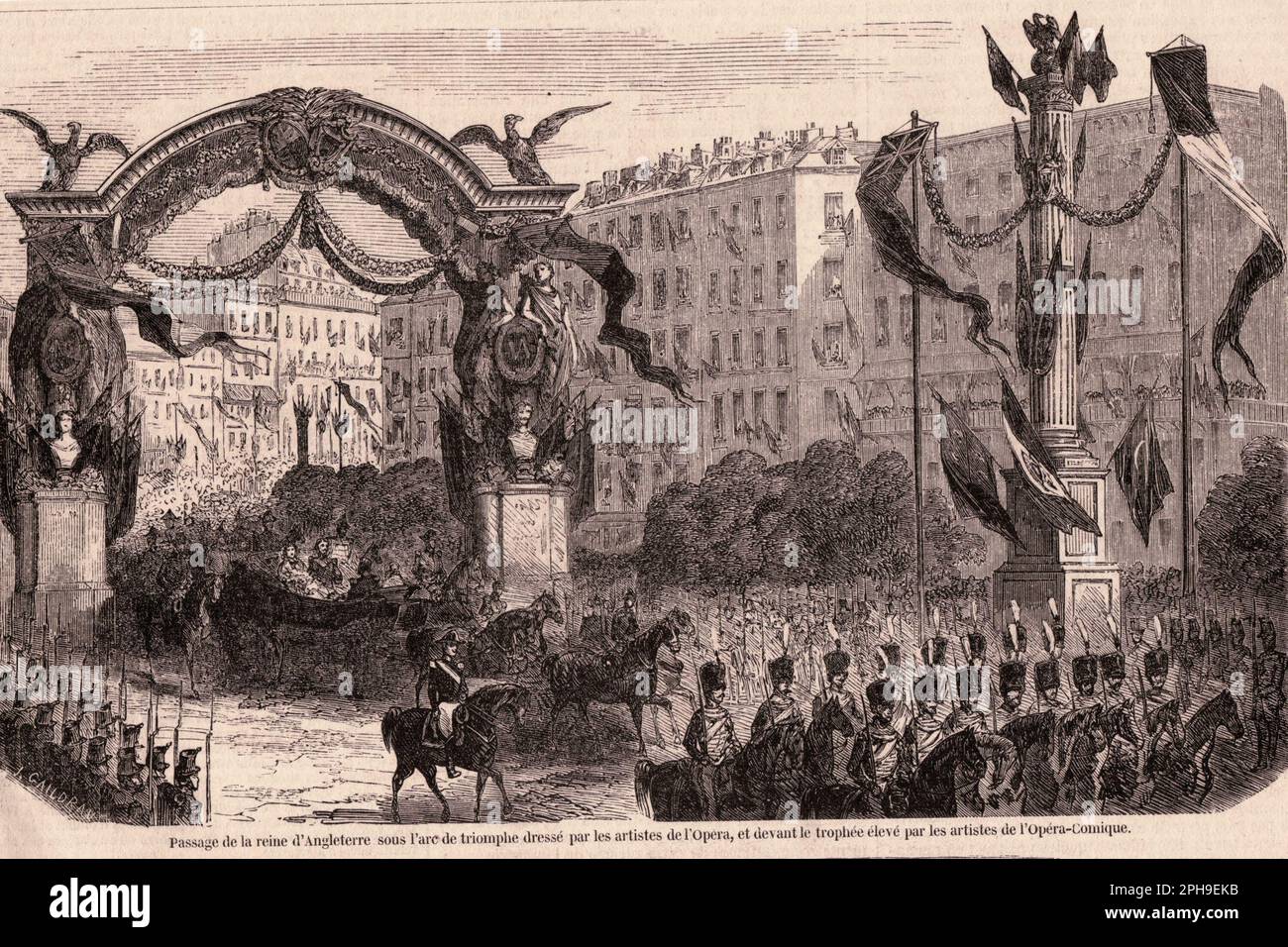 Passage de la Reine d'Angleterre sous l'Arc de Triomphe de l'Opéra Comique à Paris sous le second Empire Banque D'Images