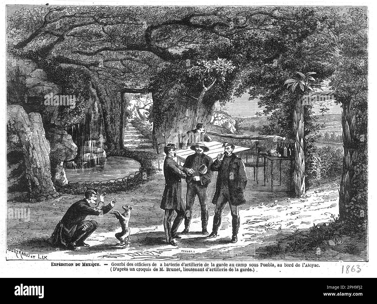 Gourbi des officiels d'artillerie de la Garde, au bord de l'Atoyac, à Puebla, 1863 Banque D'Images