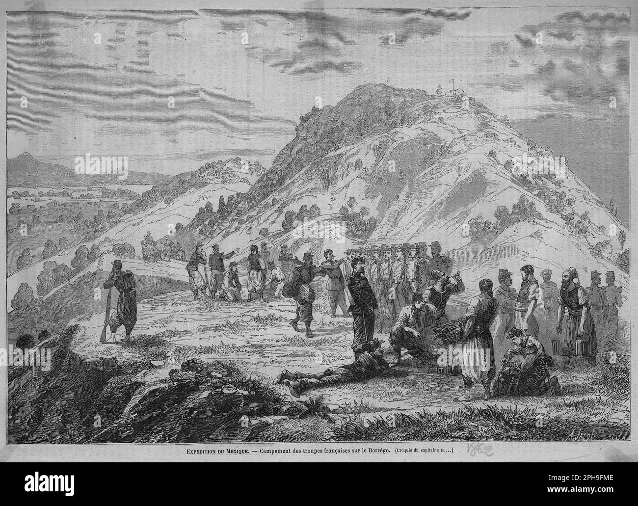 Campement et bivouac des troupes françaises sur le Borrégo, au Mexique sous le second Empire, en 1862 Banque D'Images