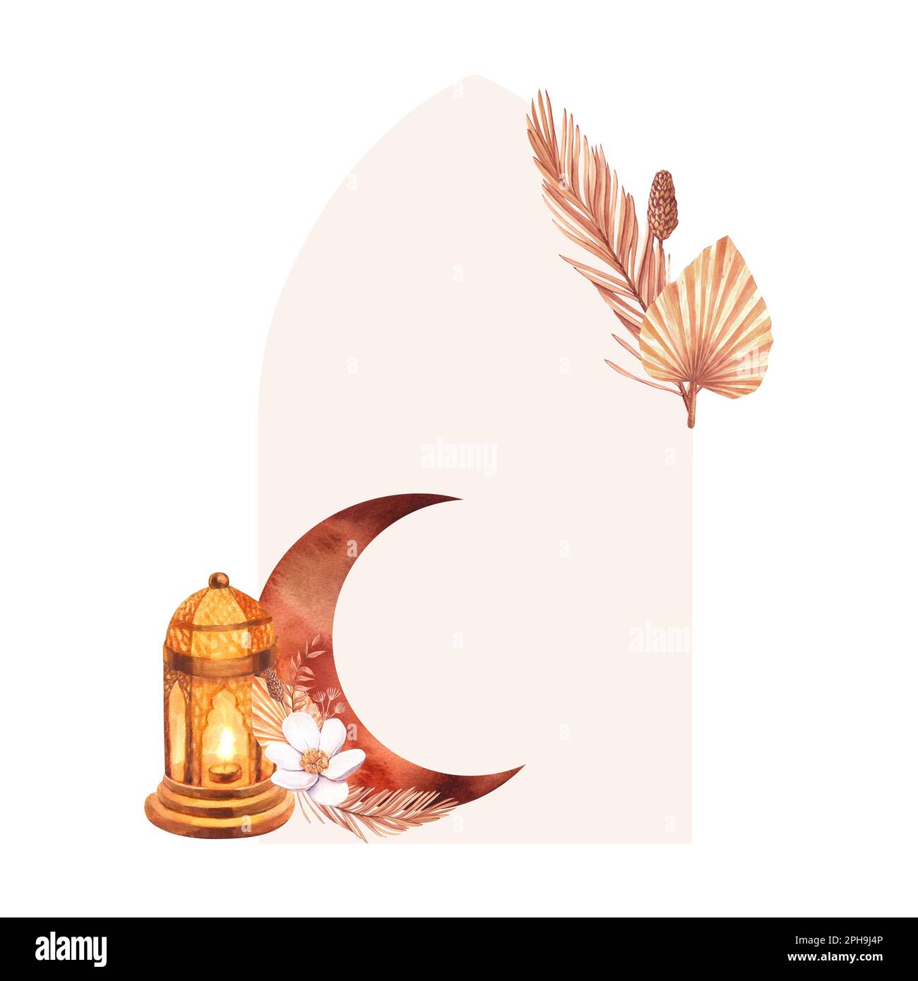 Lanterne dorée à cadre aquarelle avec bougie, lune et fleurs sèches. Illustration dessinée à la main isolée sur fond blanc. Pour la célébration islamique Banque D'Images