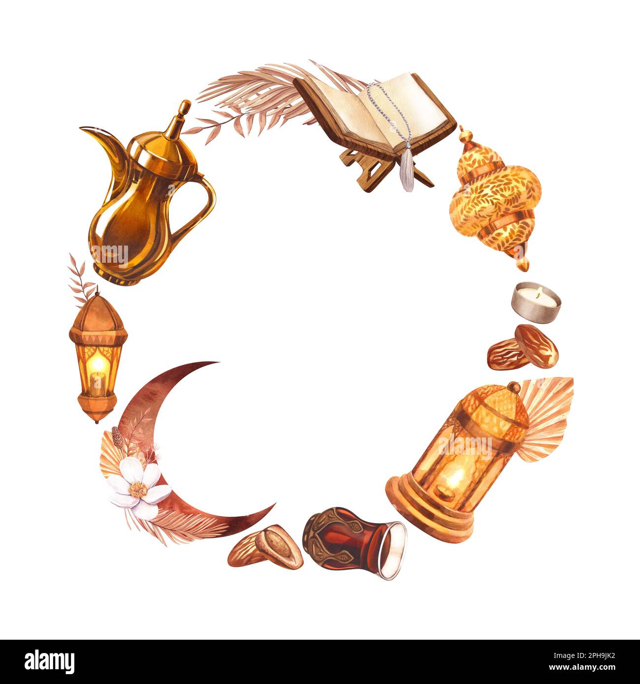 Objet islamique à cadre rond aquarelle. Illustration dessinée à la main isolée sur fond blanc. Pour le jour de célébration islamique ramadan kareem, eid al fitr Banque D'Images