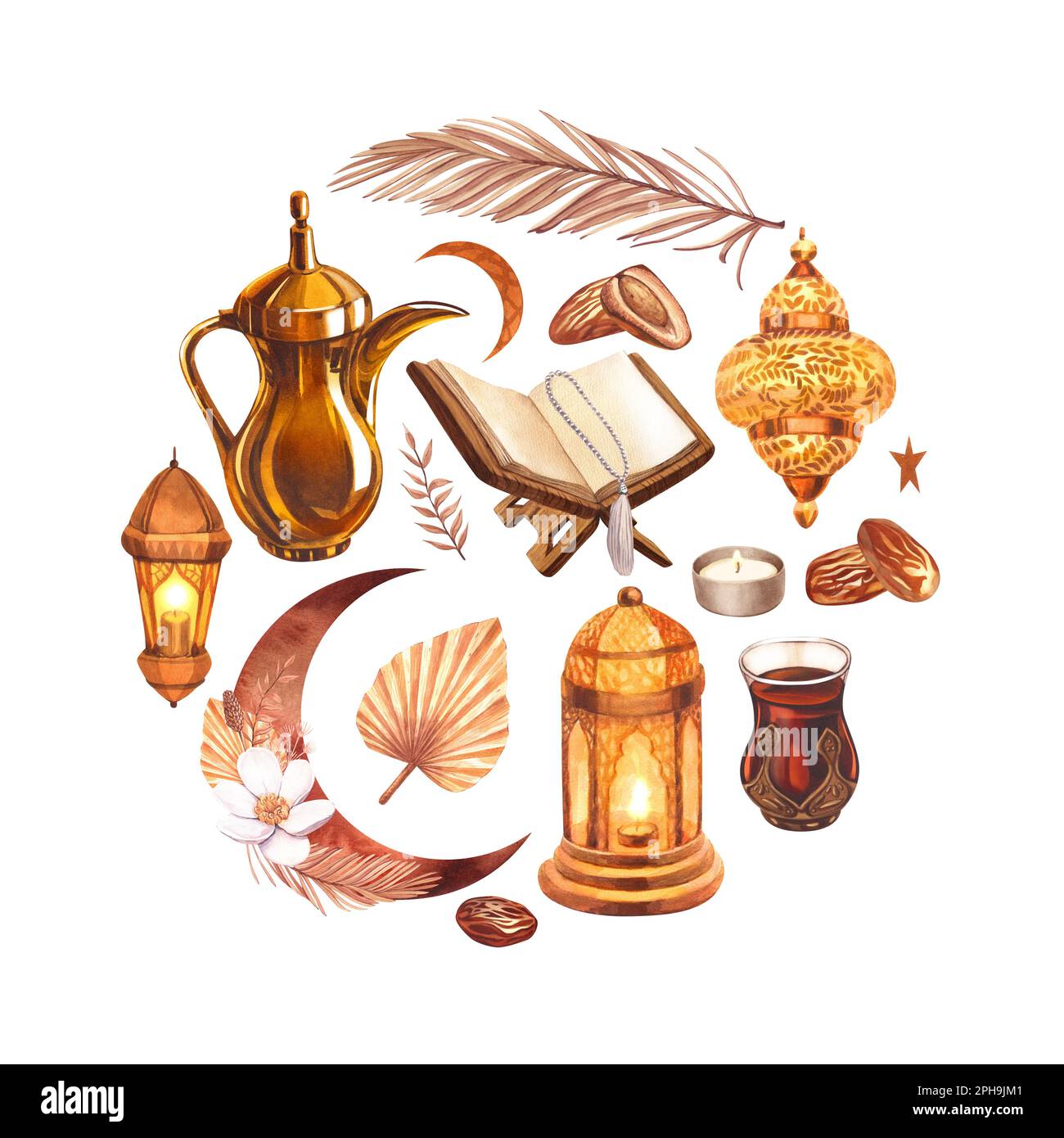 Objet islamique à cadre rond aquarelle. Illustration dessinée à la main isolée sur fond blanc. Pour le jour de célébration islamique ramadan kareem, eid al fitr Banque D'Images