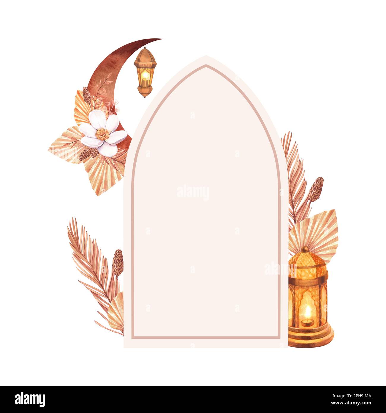 Cadre aquarelle lune dorée, lanterne avec bougie et fleurs sèches. Illustration dessinée à la main isolée sur fond blanc. Pour la célébration islamique Banque D'Images