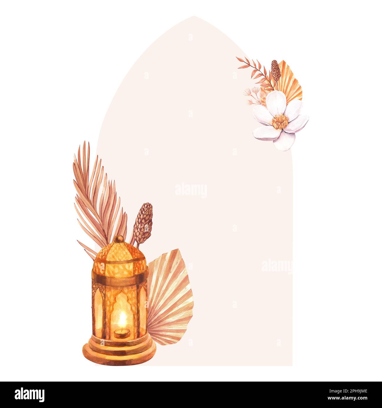 Lanterne dorée à cadre aquarelle avec bougie et fleurs sèches. Illustration dessinée à la main isolée sur fond blanc. Pour la fête islamique Banque D'Images