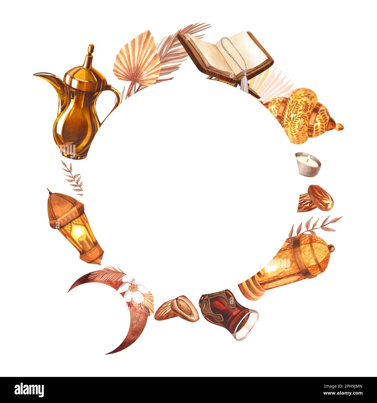 Objet islamique à cadre rond aquarelle. Illustration dessinée à la main isolée sur fond blanc. Pour le jour de célébration islamique ramadan kareem, eid al fitr Banque D'Images