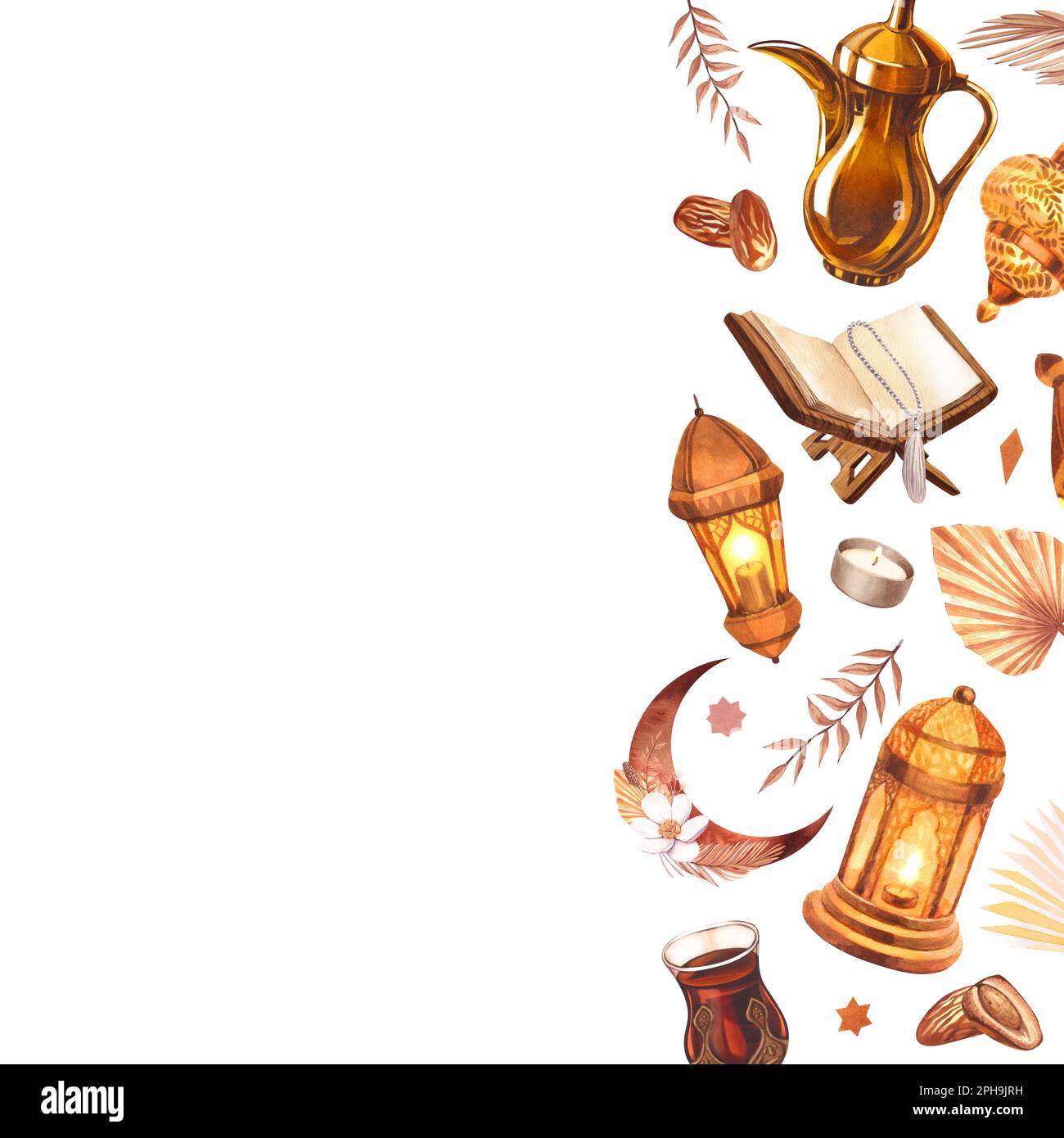 Modèle de cadre aquarelle objet islamique. Illustration dessinée à la main isolée sur fond blanc. Pour le jour de célébration islamique ramadan kareem, eid al Banque D'Images
