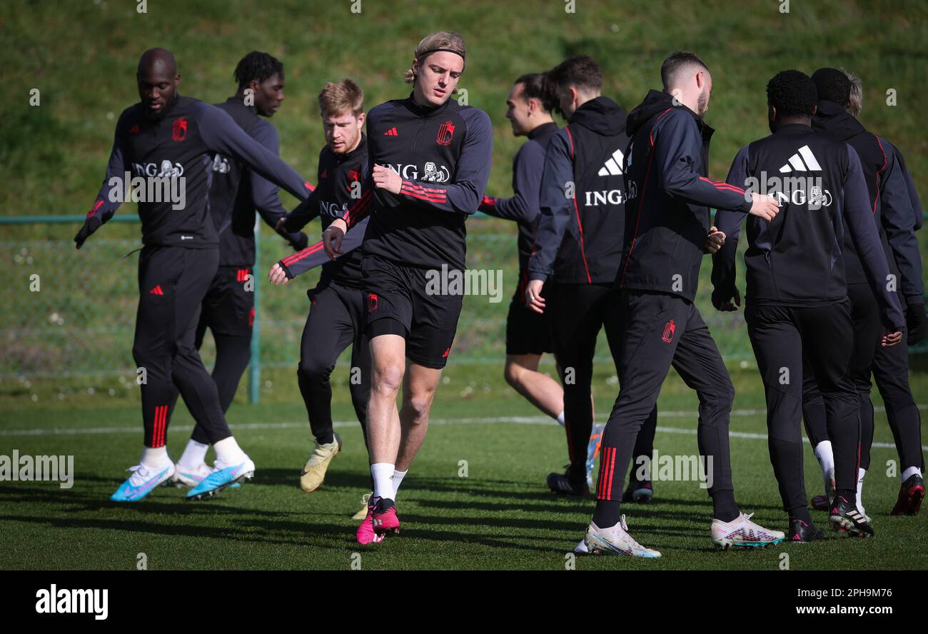 Tubize, Belgique. 27th mars 2023. Sebastiaan Bornauw de Belgique photographié lors d'une séance d'entraînement de l'équipe nationale belge de football Red Devils, lundi 27 mars 2023, au siège de la Royal Belgian football Association RBFA à Tubize. Les Red Devils se préparent à un match amical de demain contre l'Allemagne. BELGA PHOTO VIRGINIE LEFOUR crédit: Belga News Agency/Alay Live News Banque D'Images