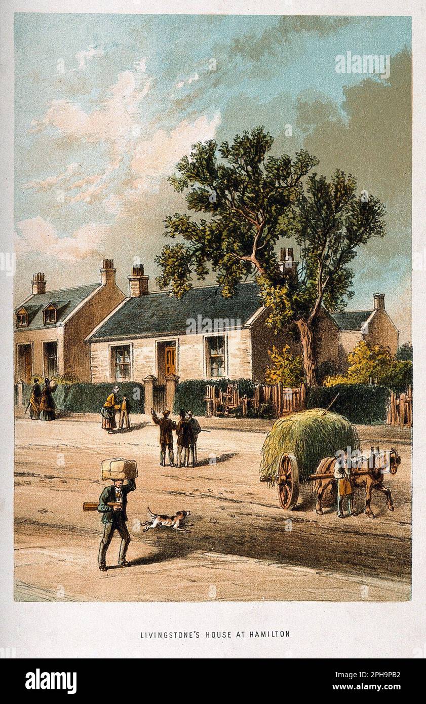 La maison où David Livingstone a vécu à Hamilton, en Écosse, lithographie de couleur vintage datant de 1800s Banque D'Images