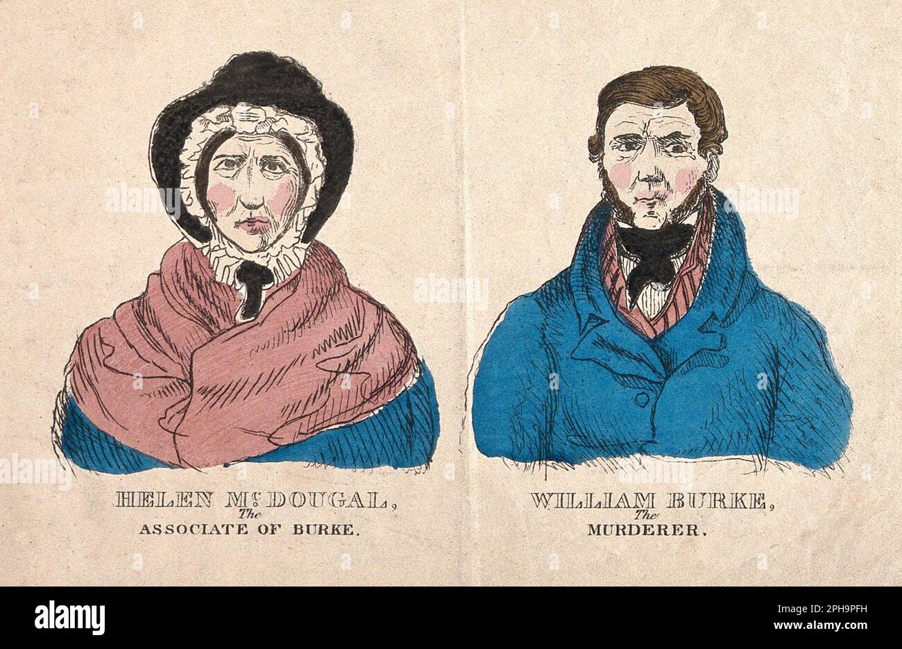 William Burke et Helen McDougal à l'essai pour les meurtres de West Port, Édimbourg, Écosse, en 1828, gravure de couleurs vintage de 1829 Banque D'Images