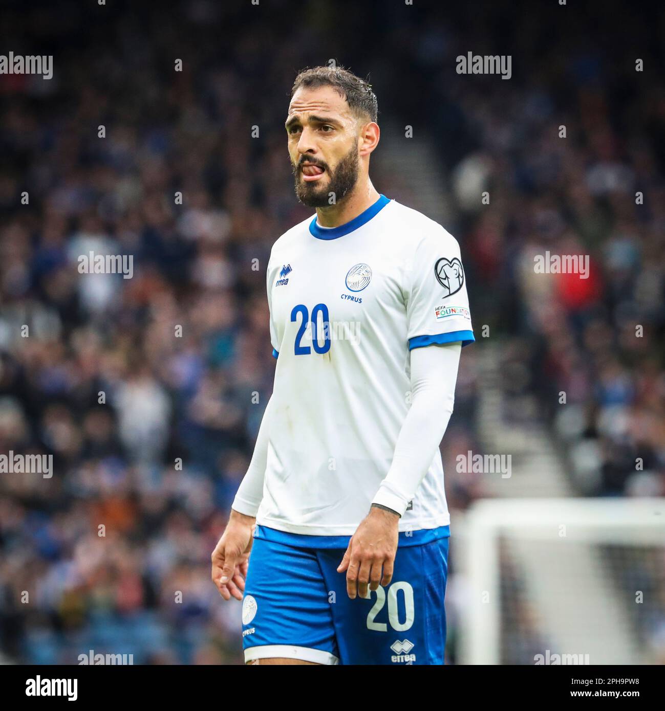 Grigoris salerntin, jouant pour l'équipe nationale de Chypre contre l'Écosse dans le championnat d'Europe 2024 de qualification au parc Hampden, Glasgow, Banque D'Images