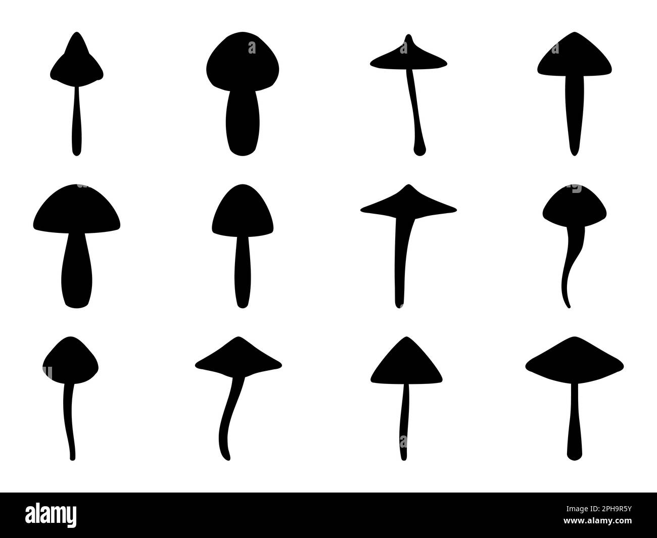 Ensemble de champignons noirs isolés sur fond blanc. Silhouettes aux champignons. Conception de champignons pour affiches, bannières et articles promotionnels. Illustrateur vectoriel Illustration de Vecteur