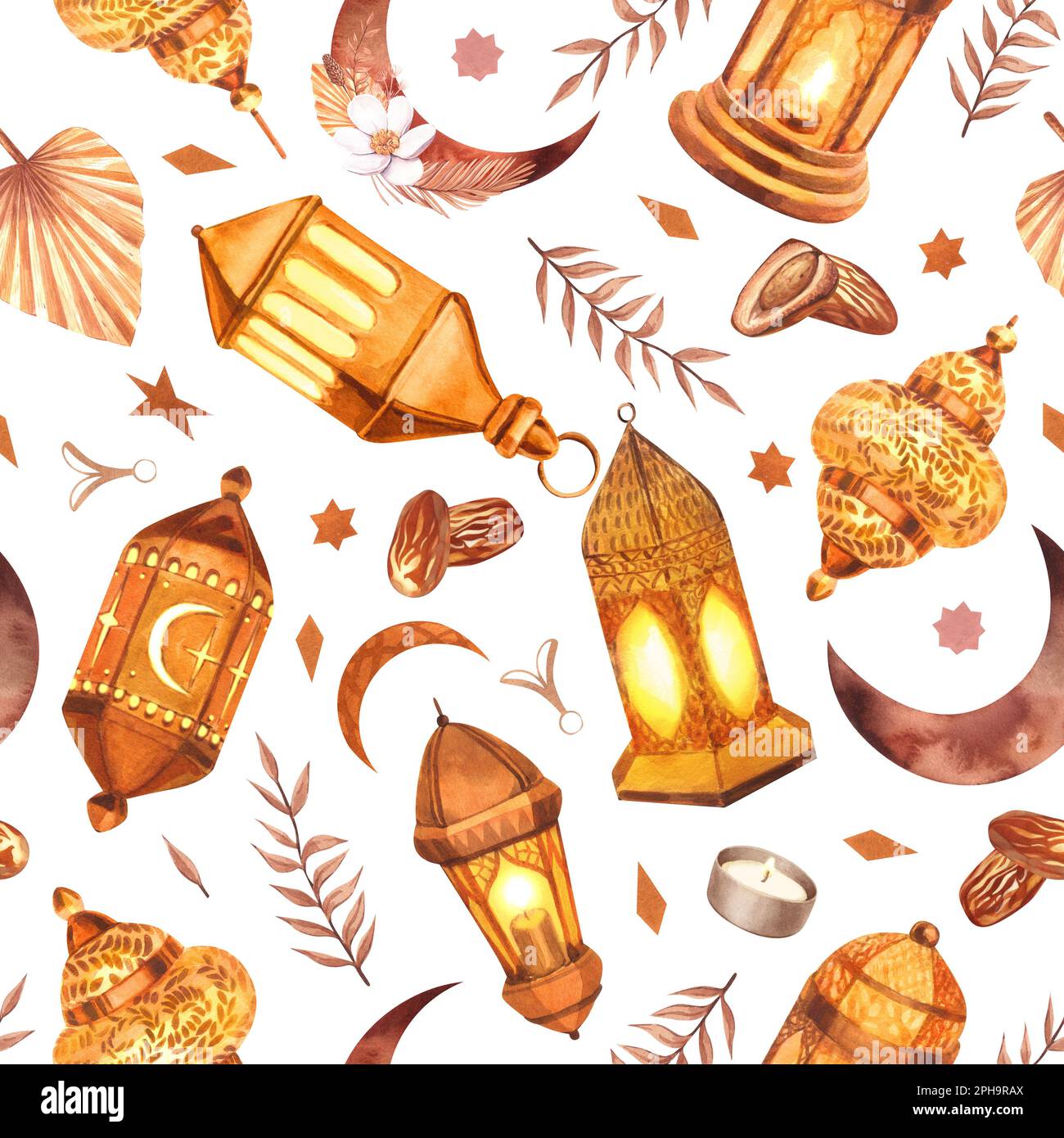 Objet islamique peint aquarelle à motif sans couture. Illustration dessinée à la main isolée sur fond blanc. Pour le jour de célébration islamique ramadan kareem Banque D'Images