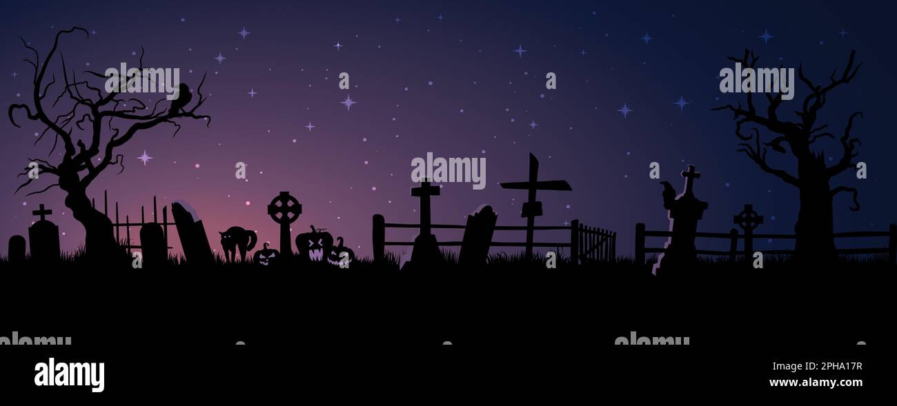 Silhouette de cimetière noir, pierres tombales, chauves-souris volantes Illustration de Vecteur