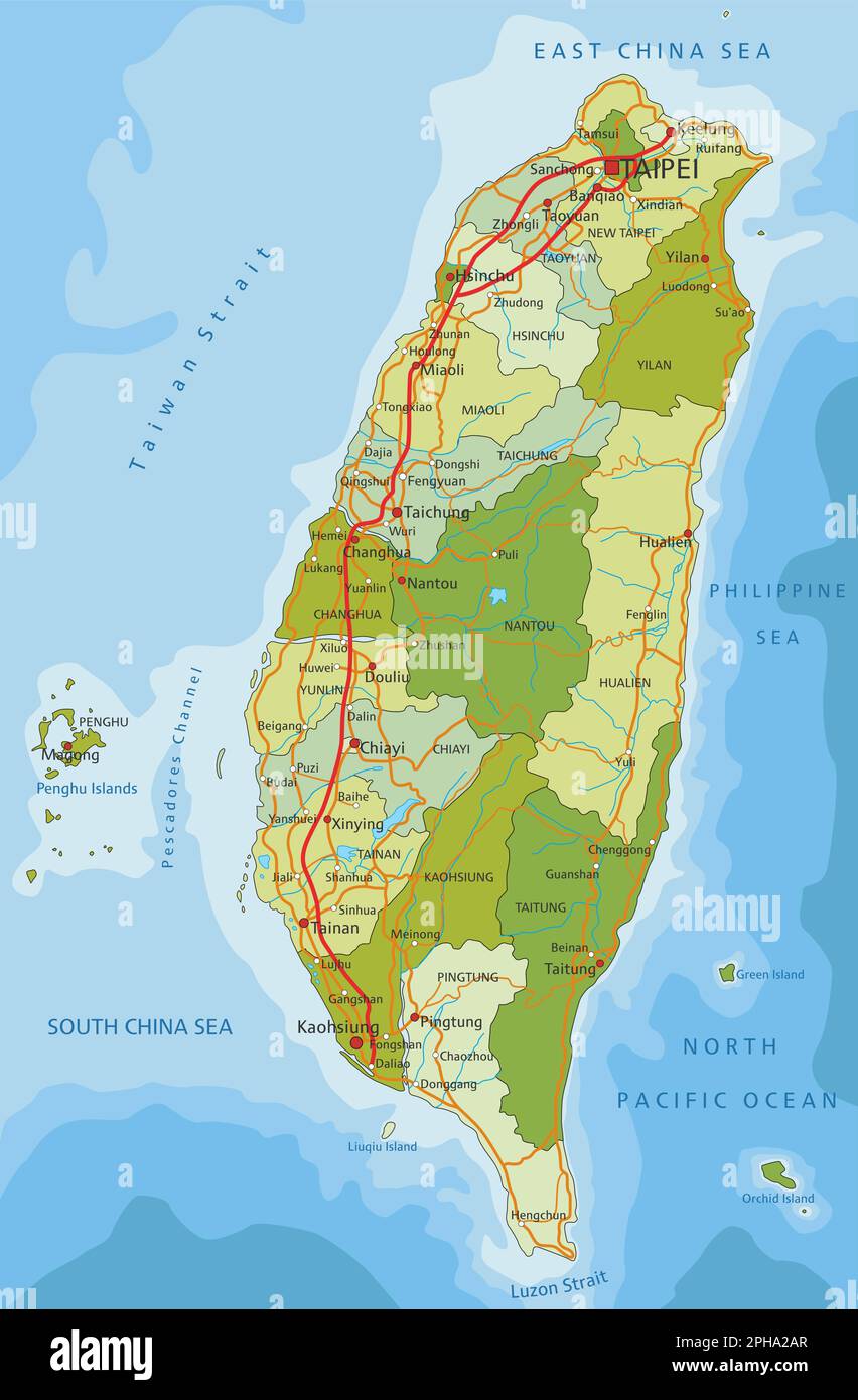 Carte politique modifiable très détaillée avec des couches séparées. Taïwan. Illustration de Vecteur