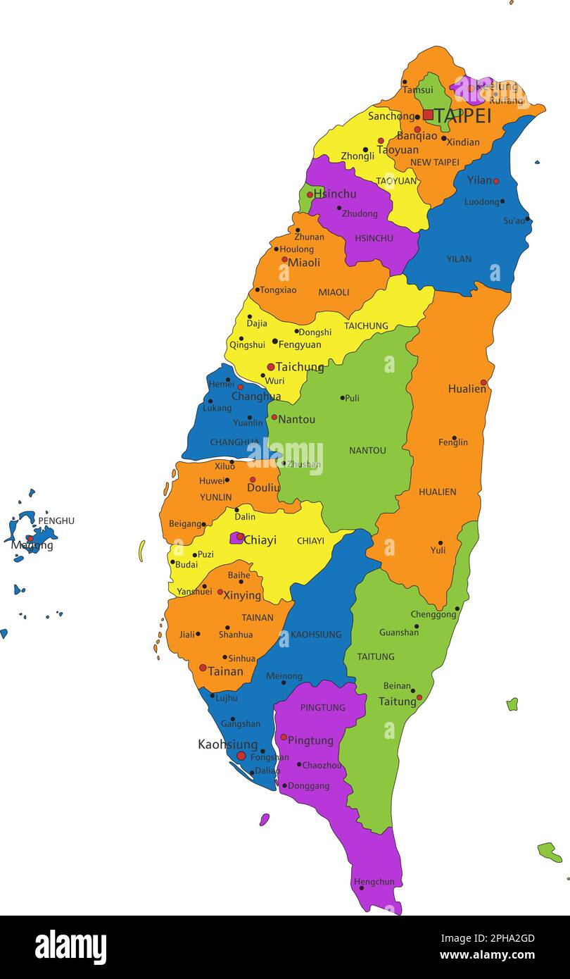 Carte politique taïwanaise colorée avec des couches clairement étiquetées et séparées. Illustration vectorielle. Illustration de Vecteur