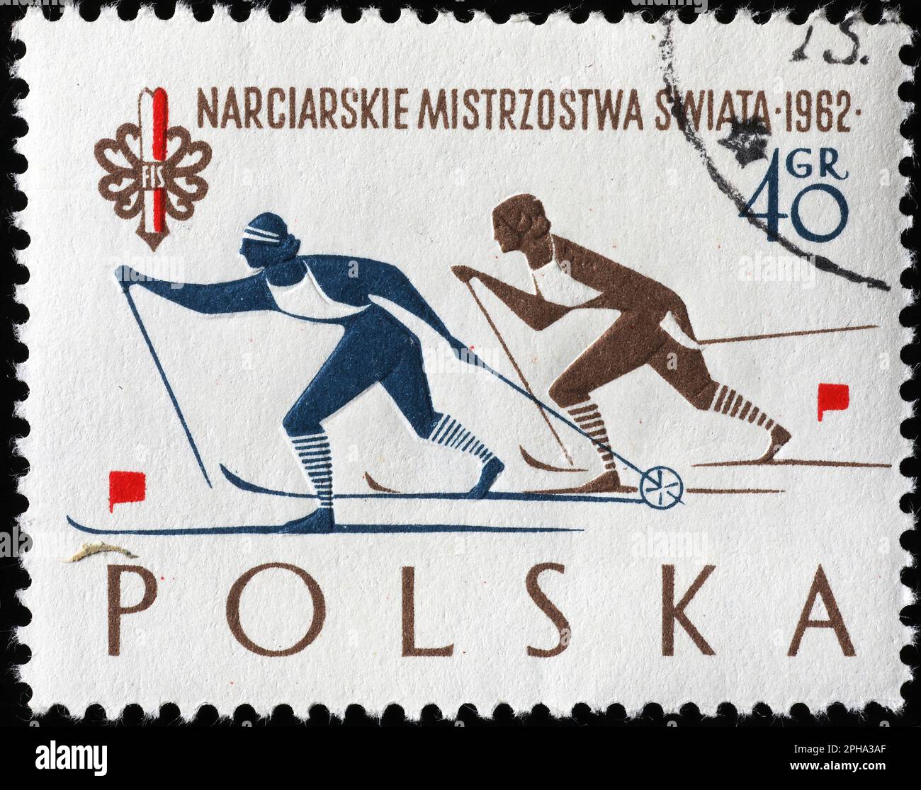 Coureurs de ski de fond sur timbre-poste poli vintage Banque D'Images