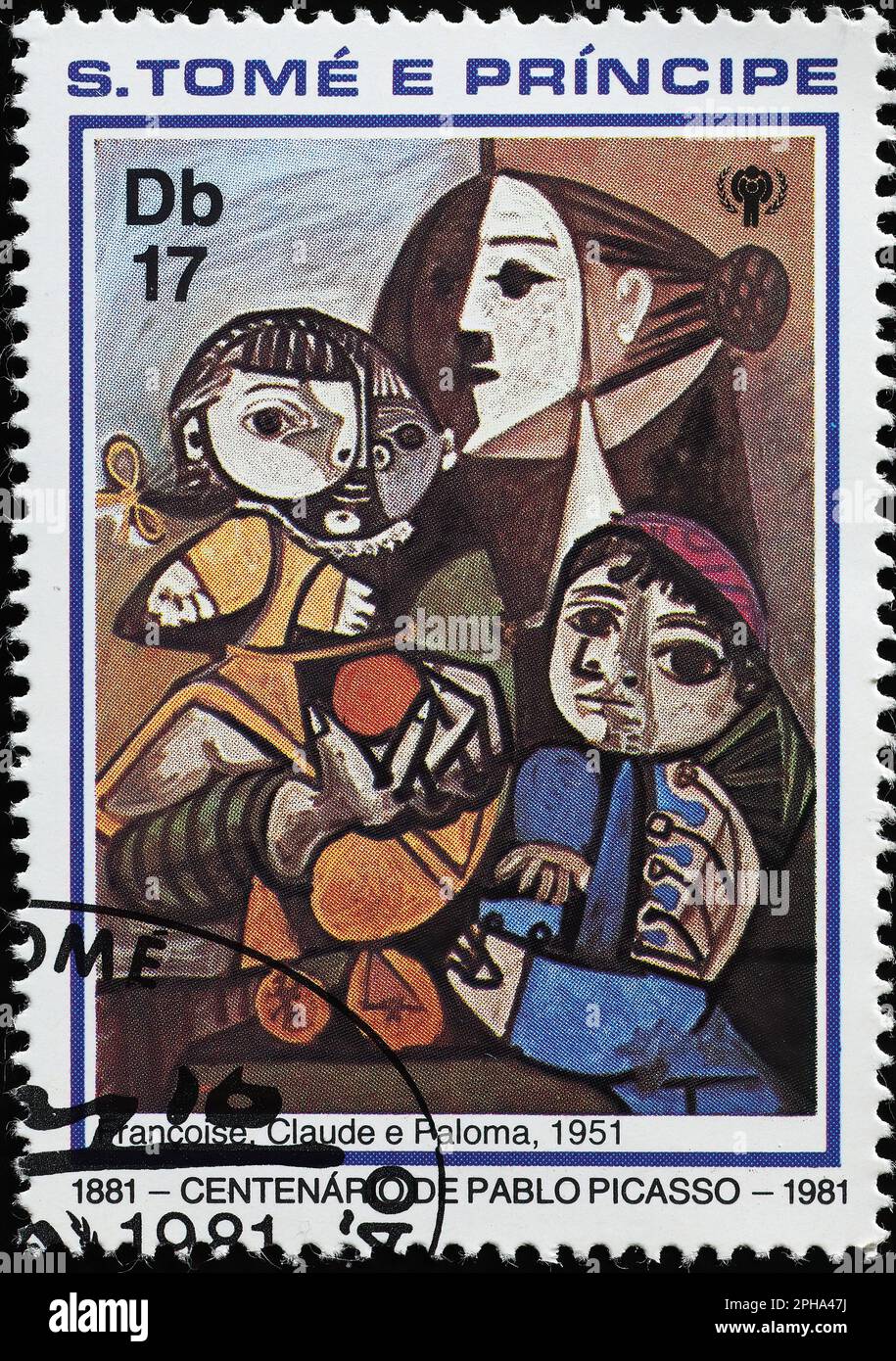 François, Claude et Paloma par Pablo Picasso sur le timbre Banque D'Images