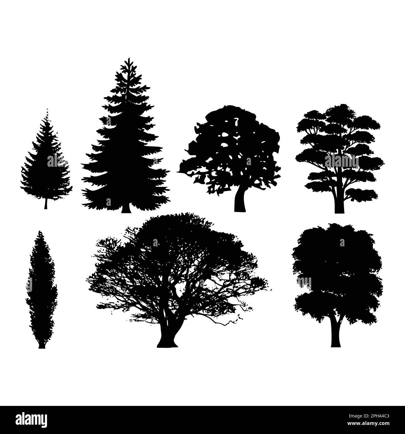 Ensemble de silhouettes d'arbre isolées sur fond blanc Illustration de Vecteur