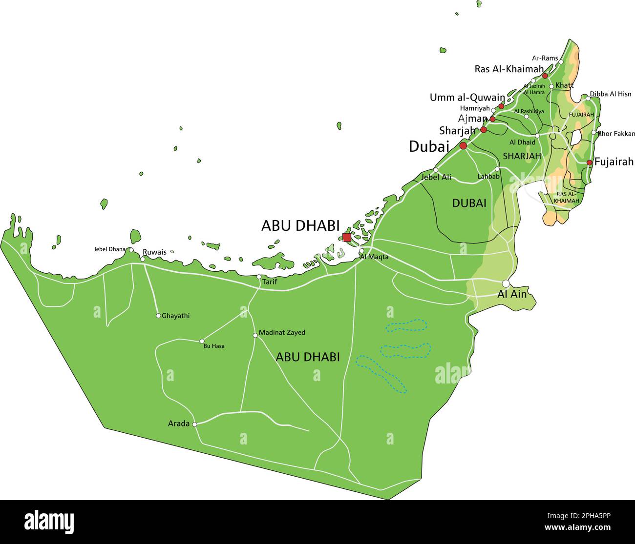 Carte physique détaillée des Émirats arabes Unis avec étiquetage. Illustration de Vecteur