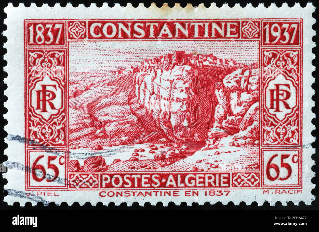 Ancienne vue de Constantine sur le timbre-poste algérien d'époque Banque D'Images
