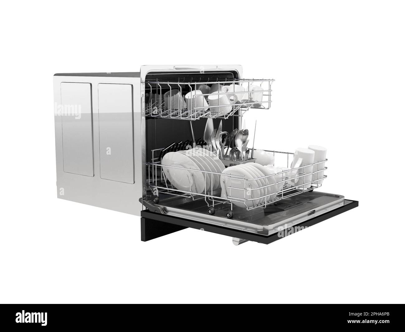 3D illustration d'un lave-vaisselle avec des programmes avec vaisselle ouverte sur fond blanc sans ombre Banque D'Images