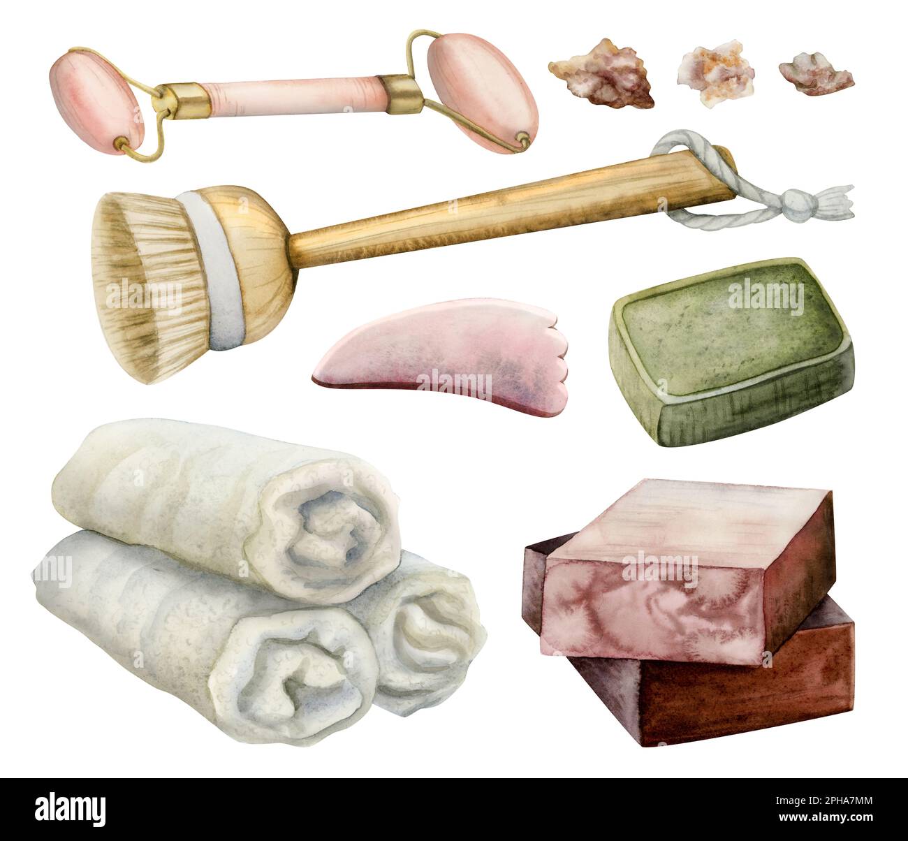 Bain à remous avec illustrations aquarelles, porte-savon, masseur à quartz rose visage. brosse, serviettes et sel. Ensemble douche bien-être dessiné à la main sur blanc Banque D'Images