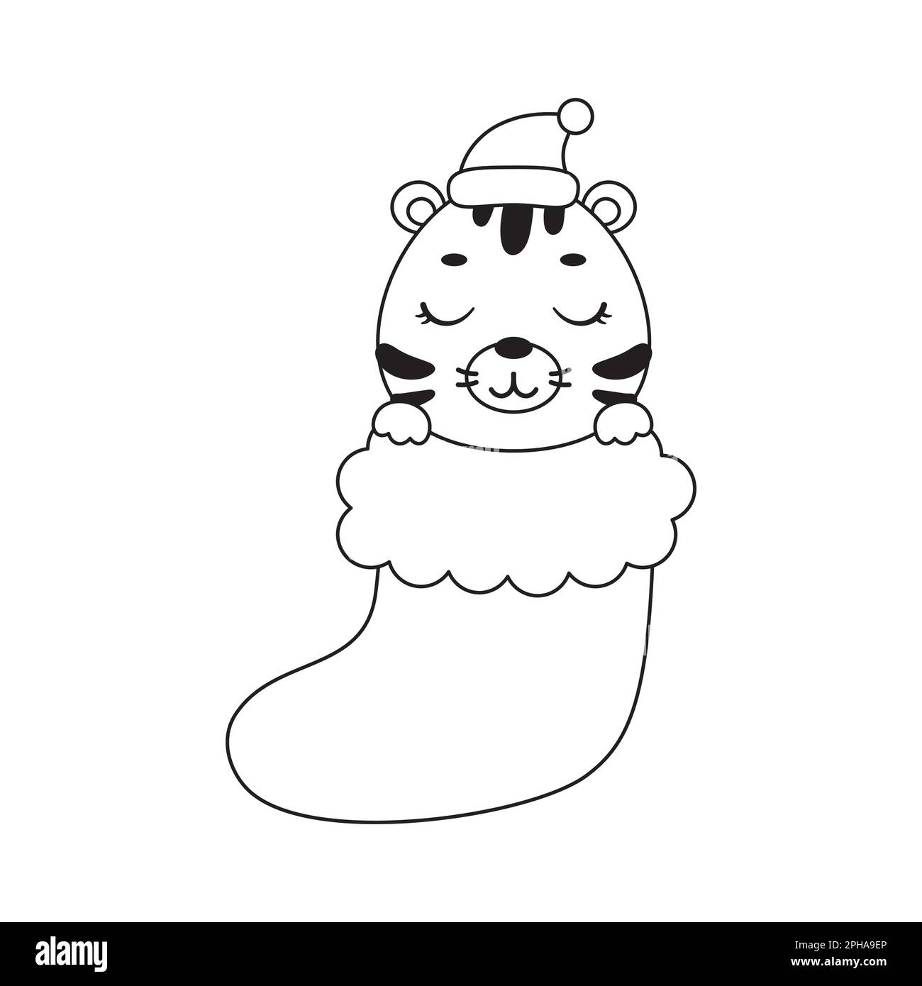 Page de coloriage mignon petit tigre dans la chaussette de Noël. Livre de coloriage pour enfants. Activité éducative pour les enfants d'âge préscolaire et les tout-petits avec un animal mignon Illustration de Vecteur