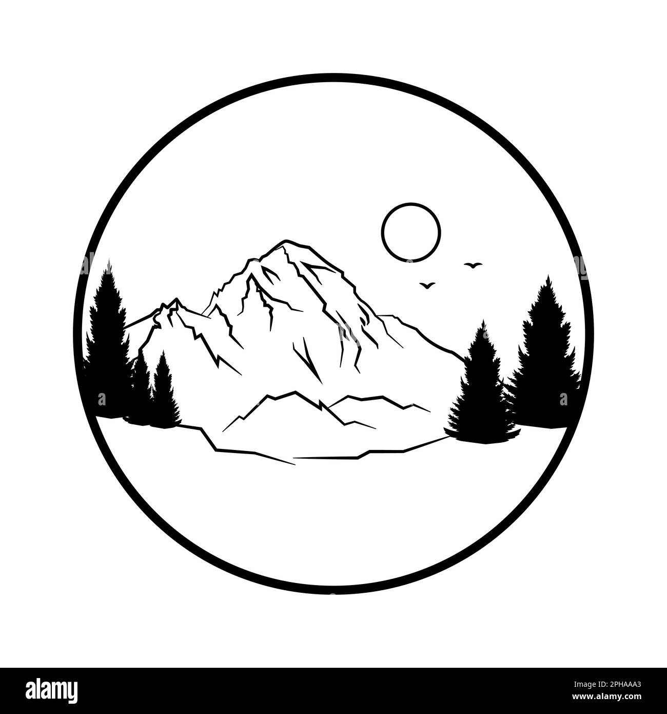 Pins sur le fond des montagnes, paysage naturel de montagne dans une image graphique à cadre rond. Illustration vectorielle Illustration de Vecteur