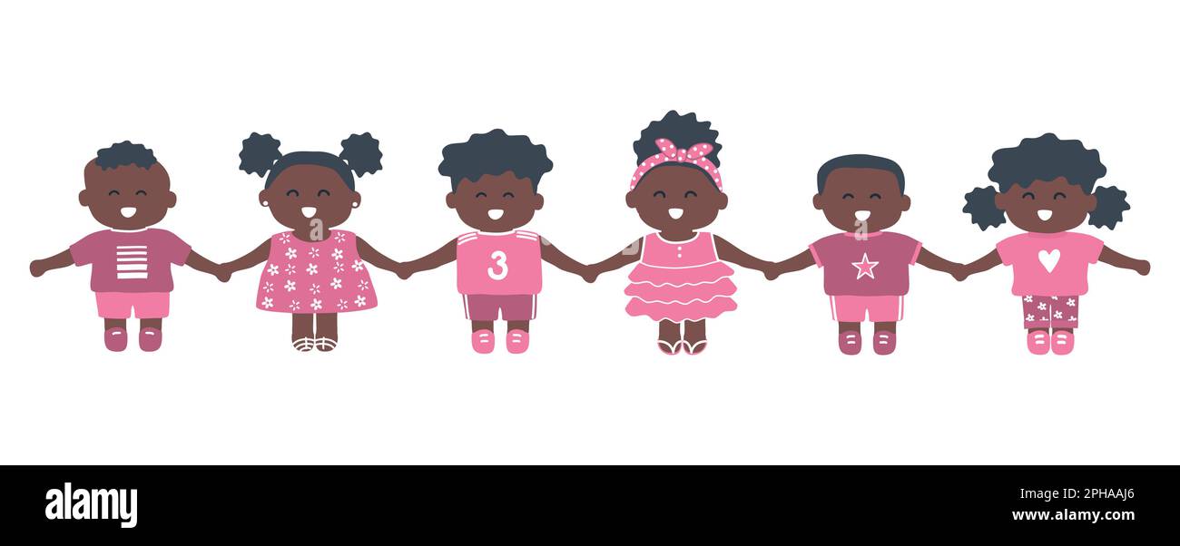 Les enfants noirs tiennent les mains. Bébés filles et bébés garçons. Personnages de dessin animé mignons. Illustration vectorielle Illustration de Vecteur