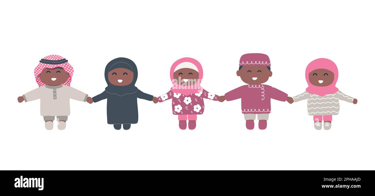 Les enfants arabes tiennent les mains. Bébés filles et bébés garçons. Personnages de dessin animé mignons. Illustration vectorielle Illustration de Vecteur