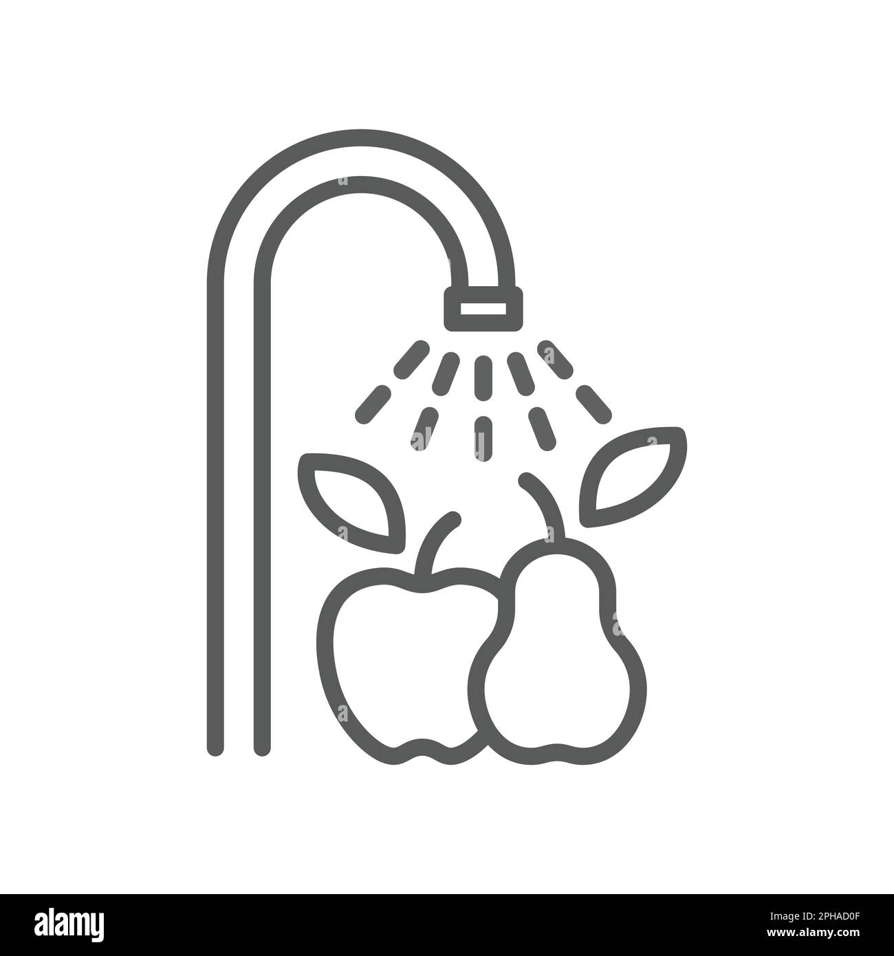 Lavez bien avant de manger l'étiquette vectorielle. Icône du robinet d'eau et de la ligne de fruits. Illustration de Vecteur