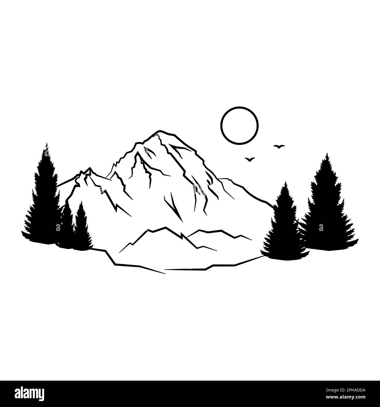 Nature Mountains pins sur rochers soleil illustration linéaire, image graphique, illustration vectorielle Illustration de Vecteur