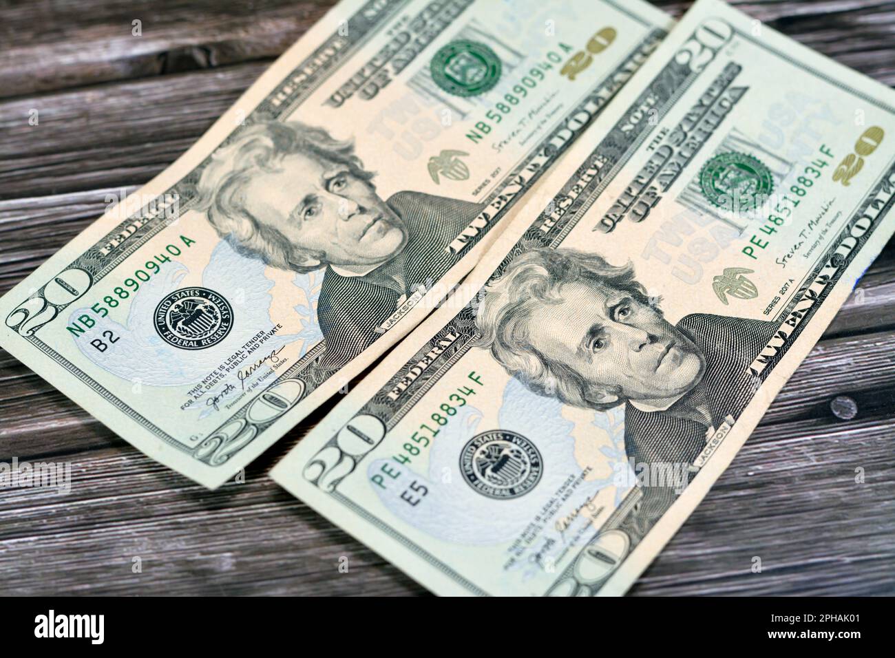 Côtés opposés de 20 dollars portrait, vingt dollars américains fond de billet, foyer sélectif, dollars américains billet avec la photo d'Un Banque D'Images