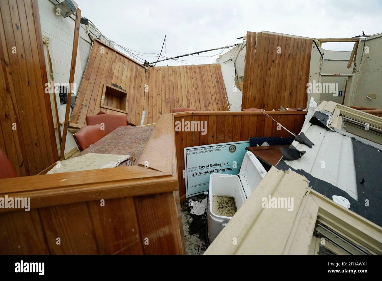 A blown down wall and ripped off roof open a main room to the Rolling