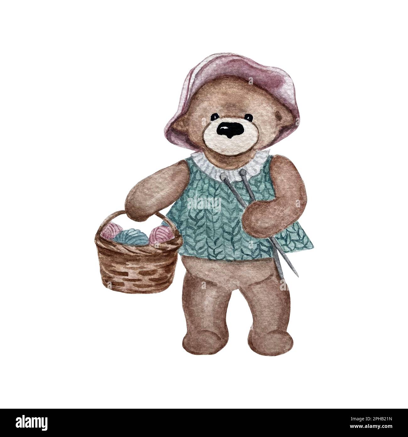 adorable ours en peluche dans une robe tricotée avec aiguilles à tricoter et balles de fil dans un panier Banque D'Images