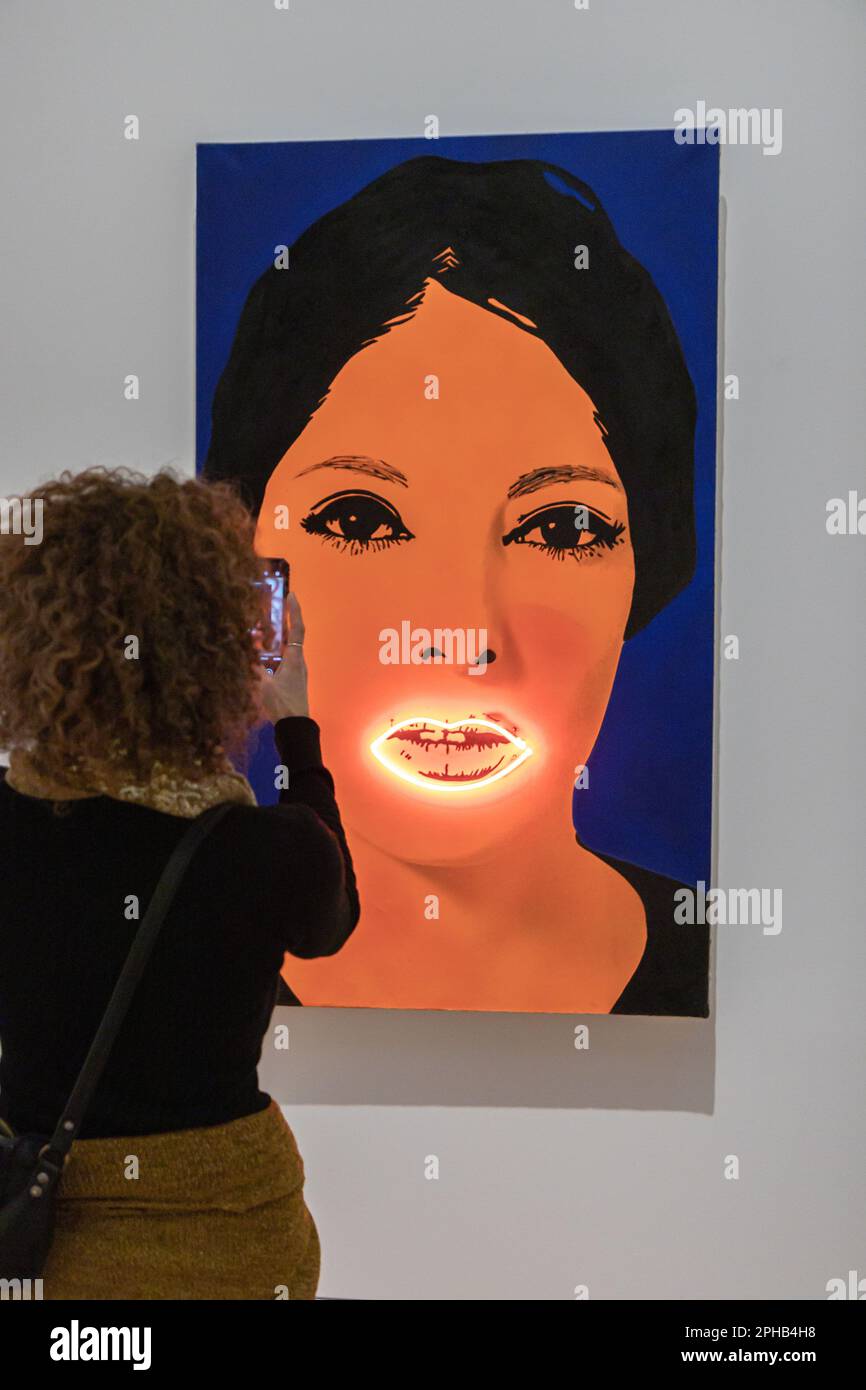 Femme prend la photo d'un portrait d'art contemporain au Musée Stedelijk Banque D'Images