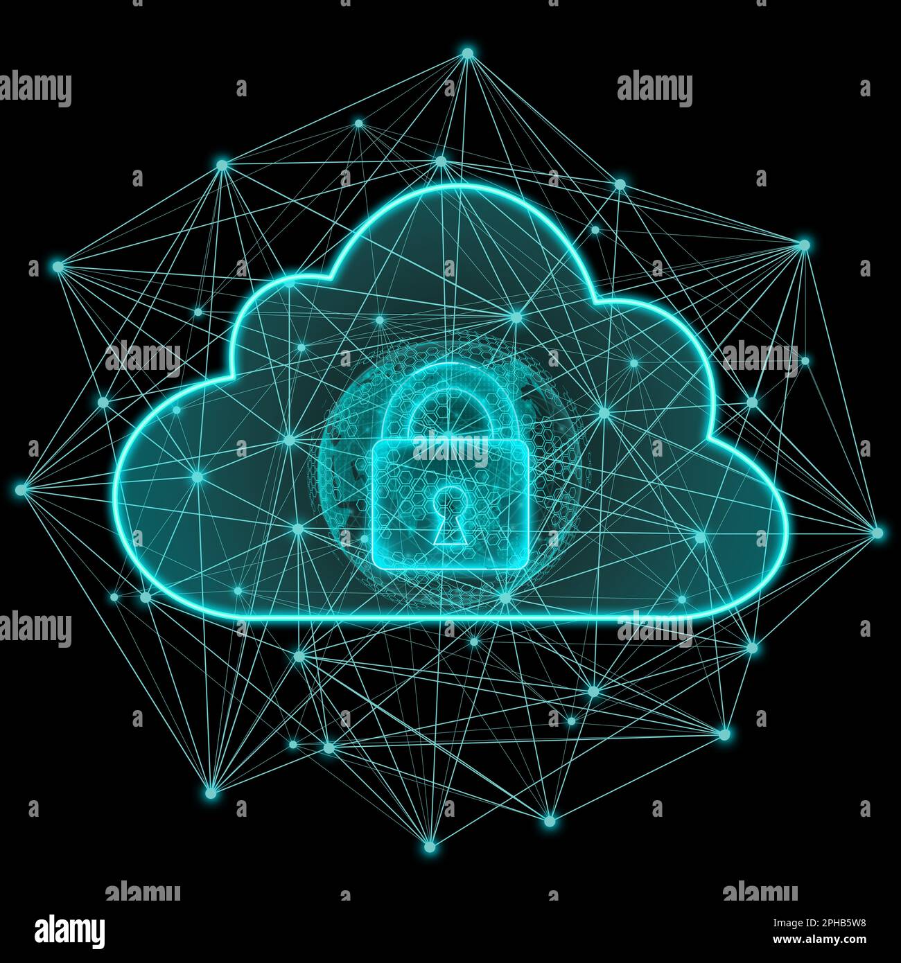 Concept de sécurité du Cloud computing. Nuage polygonal avec cadenas sur fond sombre Banque D'Images