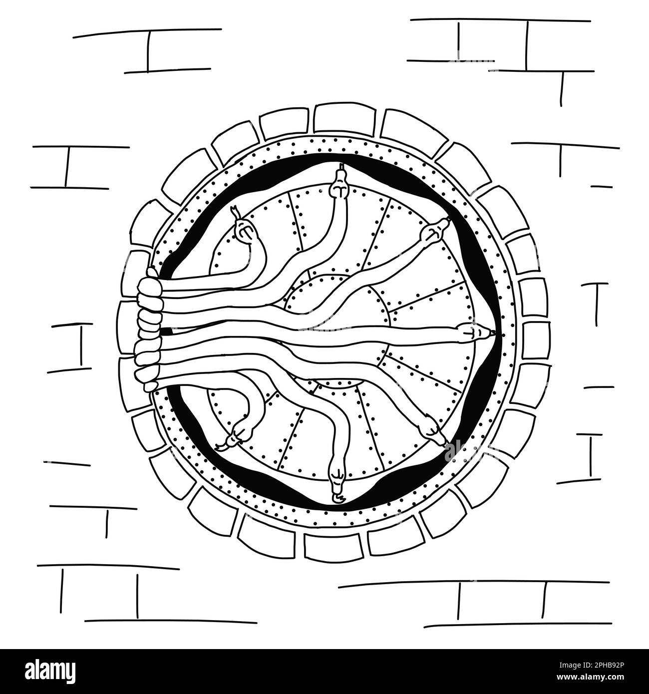 Entrée à la Chambre des secrets. Porte améliorée par magie avec verrous à serpent coulissants. Illustration vectorielle en style de contour de doodle isolée sur la bande blanche Illustration de Vecteur