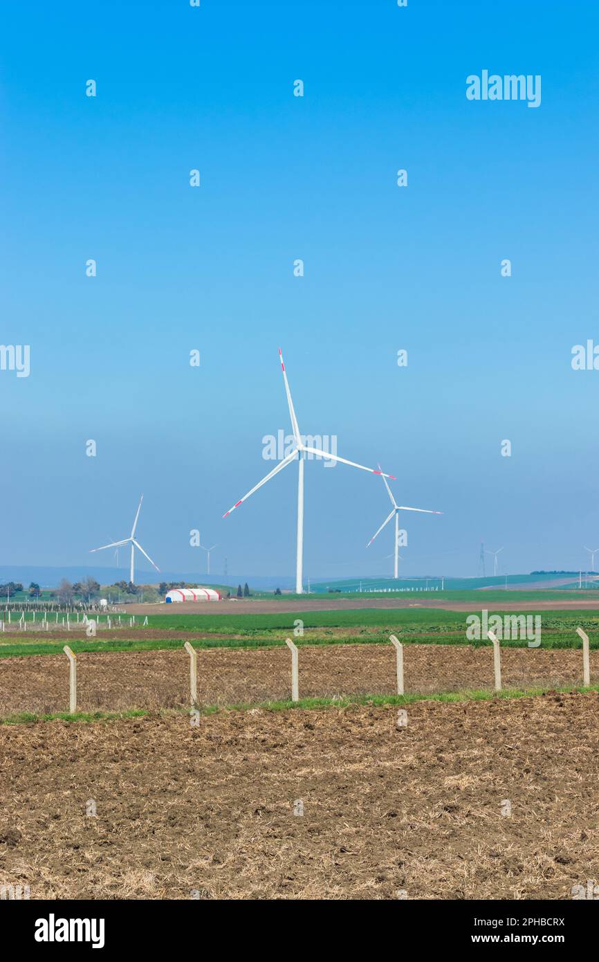 éoliennes générant de l'énergie du vent, dans la nature, ciel bleu clair Banque D'Images